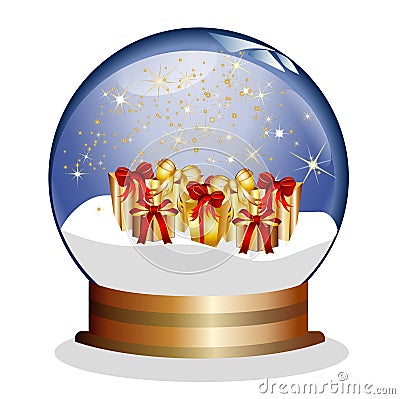 Snowglobe with presents and golden stars Vector Illustration