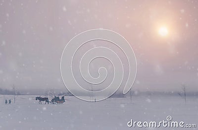 Snowing in Christmas winter in the village. Stock Photo