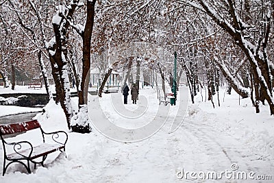 Snowing landscape in the park with people passing by Stock Photo
