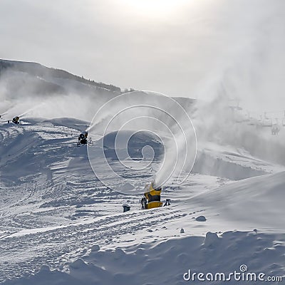 Snowmaking on the ski slopes in Park City Utah Stock Photo