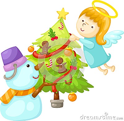 Snowman with angel tree christmas Vector Illustration