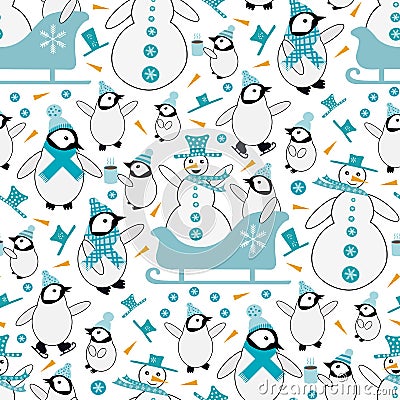 Snowman and baby penguin sledging and iceskating seamless vector pattern background. Blue white orange backdrop with Vector Illustration