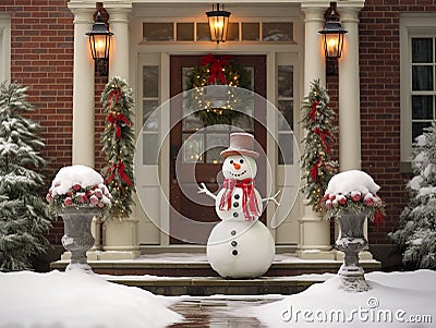 snowman in yard of haus decorated for Christmas Stock Photo