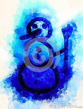 Snowman on the bathroom mirro. Drawing on Mirror and softly blurred watercolor background. Stock Photo