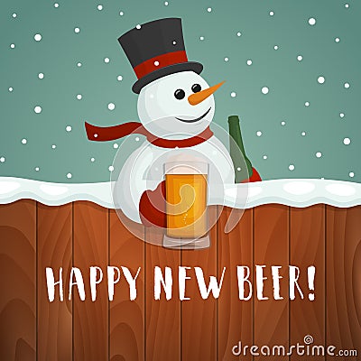 Snowman with beer. Happy new beer logo Vector Illustration