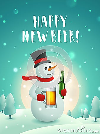 Snowman with beer new year poster. Vector Illustration