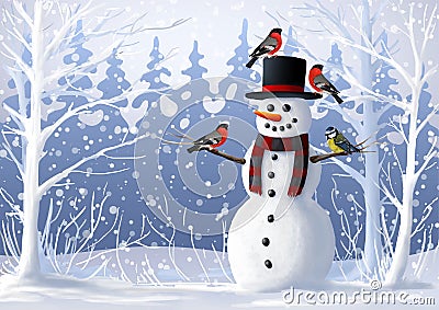 Snowman and birds in the snow-covered forest. Bullfinch and tit winter illustration. Christmas and winter holidays. Cartoon Illustration