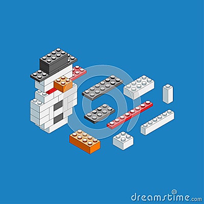 Snowman of blocks. Isometric constructor. Vector Illustration