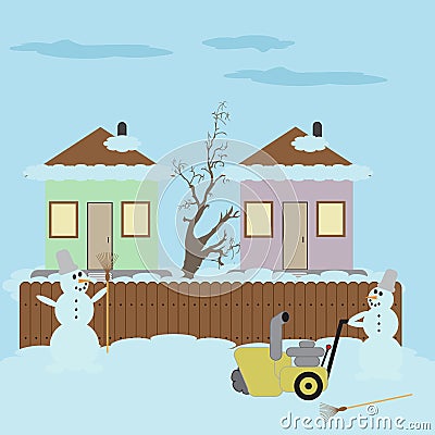 Snowman with a broom and hand snowplow Vector Illustration