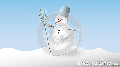 Snowman with a bucket on his head and a broom Vector Illustration