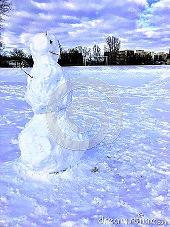 Snowman built at recess Stock Photo