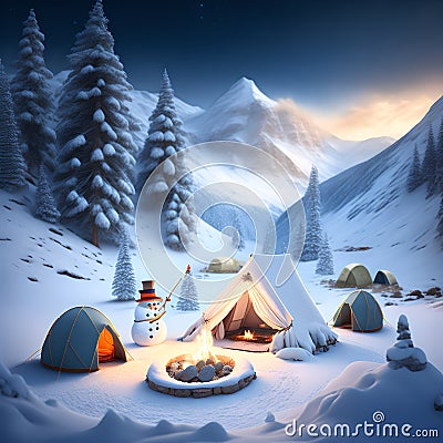Snowman Campsite Mountains christmas wallpaper Stock Photo
