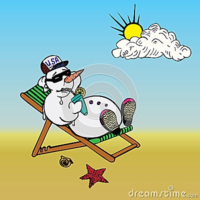 Snowman in cap and sunglasses sunbathing with cool cocktail, colorful simple doodle drawing, character design Vector Illustration