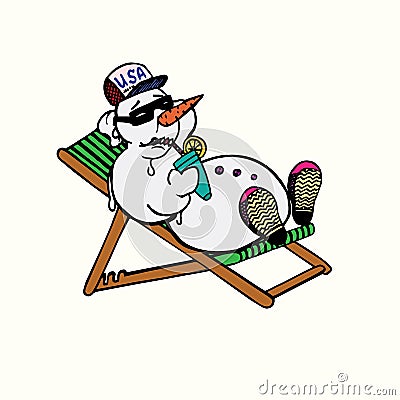 Snowman in cap and sunglasses sunbathing with cool cocktail, colorful simple doodle drawing, character design Vector Illustration