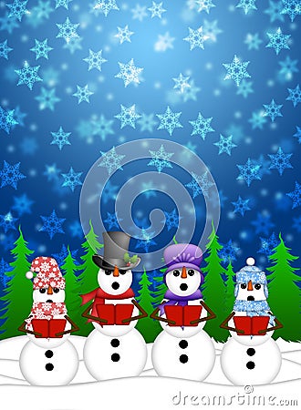 Snowman Carolers Sing in Winter Snow Illustration Stock Photo