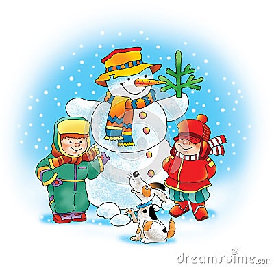 Snowman carrot dog winter children Stock Photo