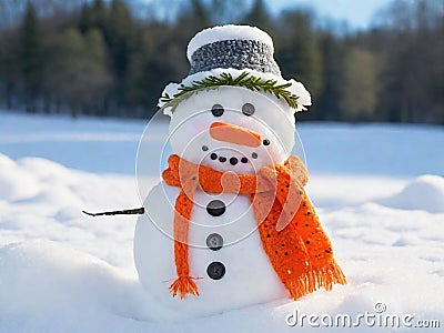 A snowman with a carrot nose and coal buttons, Generated AI Stock Photo