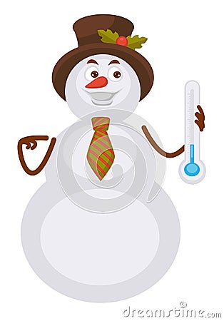 Snowman in hat with holly plant holds thermometer Vector Illustration