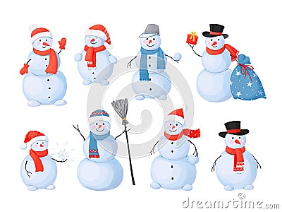 Snowman. Cartoon Christmas characters with happy faces, sculpture for winter outdoor activity. Snow and ice figure from Vector Illustration