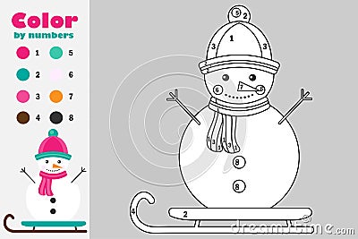 Snowman in cartoon style, color by number, christmas education paper game for the development of children, coloring page, kids pre Stock Photo