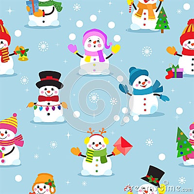 Snowman cartoon vector winter christmas character holiday merry xmas snow boys and girls illustration seamless pattern Vector Illustration