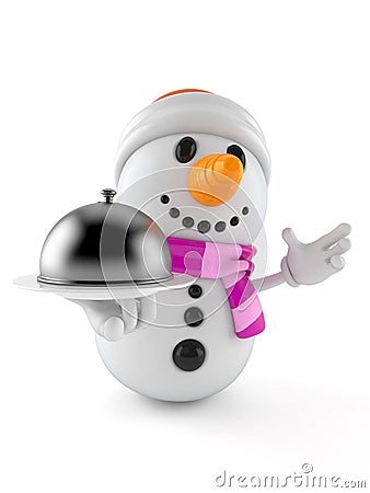 Snowman character holding catering dome Stock Photo