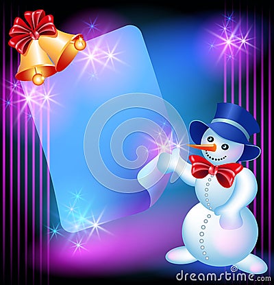 Snowman, chiming bells and signboard Vector Illustration