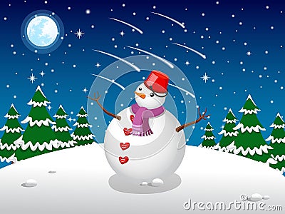 Snowman Christmas background in night meteor Vector Illustration