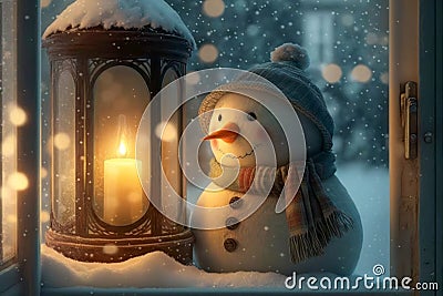 Snowman with Christmas lantern on snowfall background. Congratulation Merry Christmas and Happy New Year! Generative AI Stock Photo