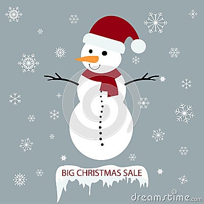 Snowman with Christmas sale tag on a grey background Vector Illustration