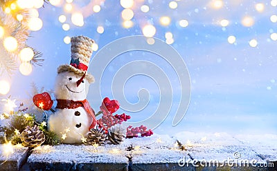 Snowman and Christmas tree decoration; background or season holidays banner Stock Photo