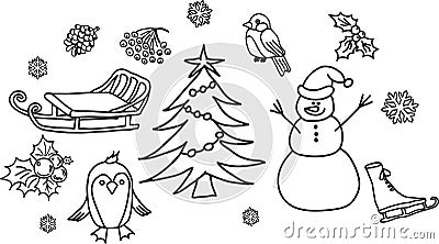 Snowman, Christmas tree, penguin, figure skates doodl Vector Illustration
