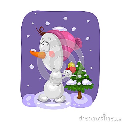 Snowman with Christmas tree and toy. Vector Illustration