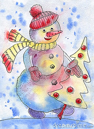 Snowman with Christmas tree. Watercolor drawing for the design of New Year and Christmas cards, greetings, invitations, Stock Photo