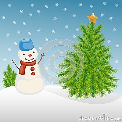 Snowman and Christmas tree in winter Vector Illustration