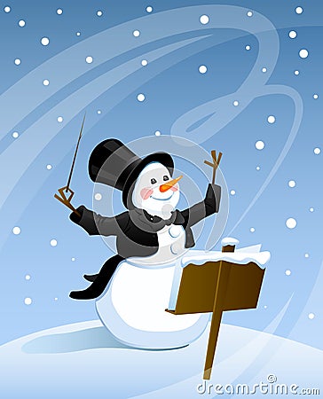 Snowman conducts snowstorm Vector Illustration