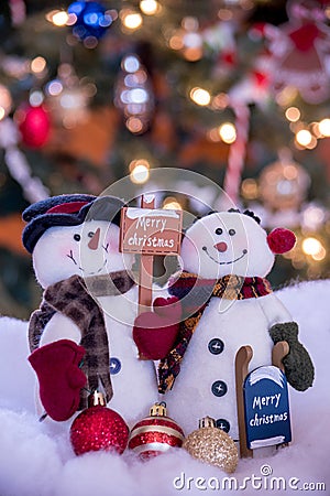 Snowman couple with signs and copy space Stock Photo