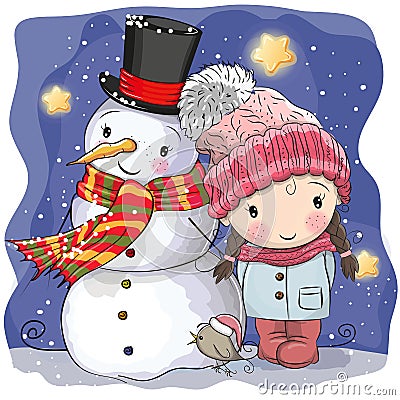 Snowman and Cute Cartoon girl Vector Illustration