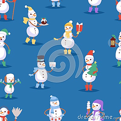 Snowman cute cartoon winter christmas character man holiday merry xmas snow boys and girls vector illustration seamless Vector Illustration
