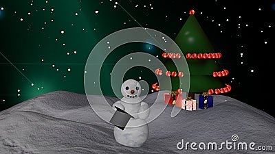 Snowman with cylinder and Christmas tree Cartoon Illustration