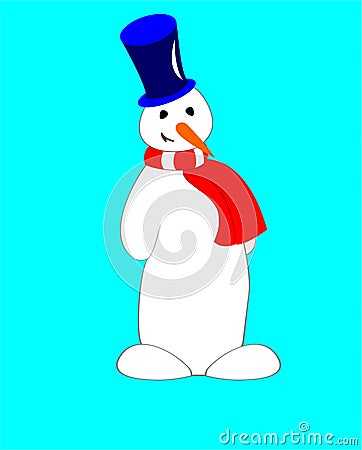 Snowman in a cylinder and with a red and white scarf. Cartoon Illustration