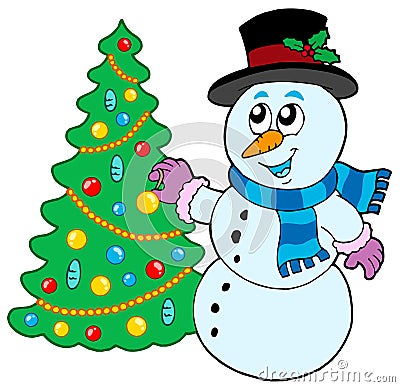 Snowman decorating Christmas tree Vector Illustration