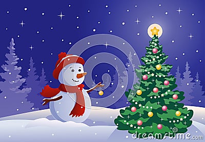 Snowman decorating a tree Vector Illustration