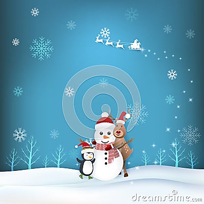 Snowman, Deer and penguin in winter season Vector Illustration