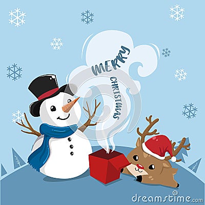 Snowman and deer happy in christmas day. Vector Illustration