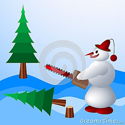 Snowman destroys trees on holiday Vector Illustration