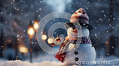 Snowman Dressed in a carrot nose, top hat, and scarf, symbol of Christmas and New Year's celebrations. Generative Ai Stock Photo