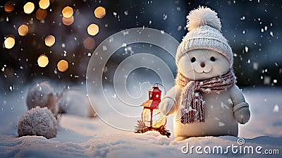 Snowman Dressed in a carrot nose, top hat, and scarf, symbol of Christmas and New Year's. Generative Ai Stock Photo