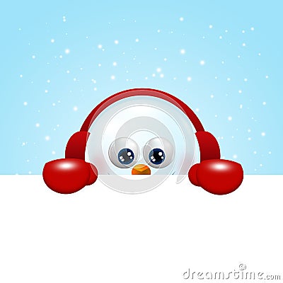 Snowman with earmuffs holding christmas blank Stock Photo