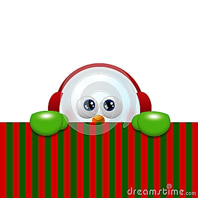 Snowman with earmuffs looking up and holding christmas blank Stock Photo